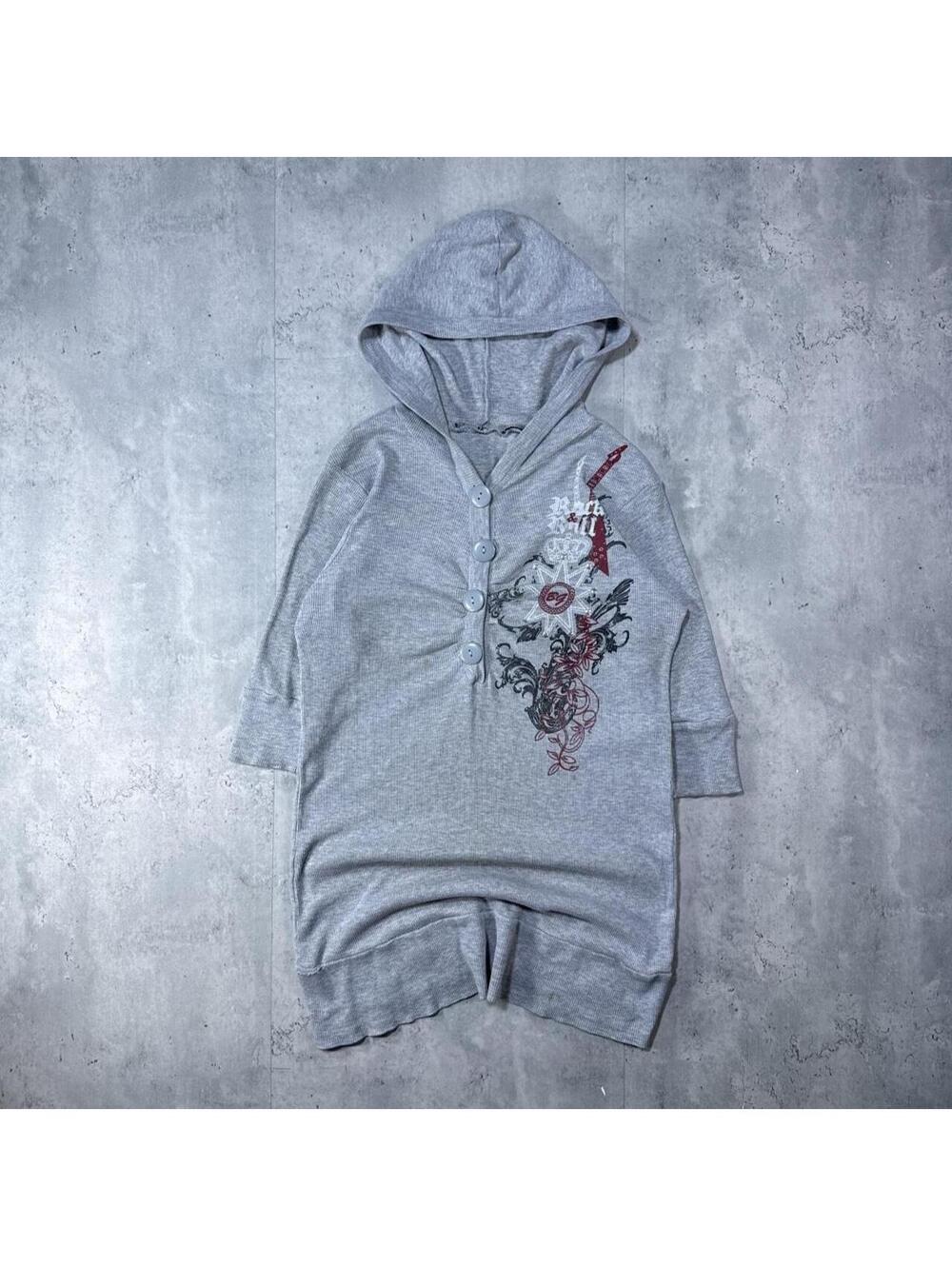Y2K Rock & Roll 00s Gray Hoodie Grunge Vintage Hoodie Long Shirt